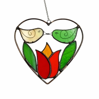 Vitrážové ptáčci s tulipánem na zavěšení